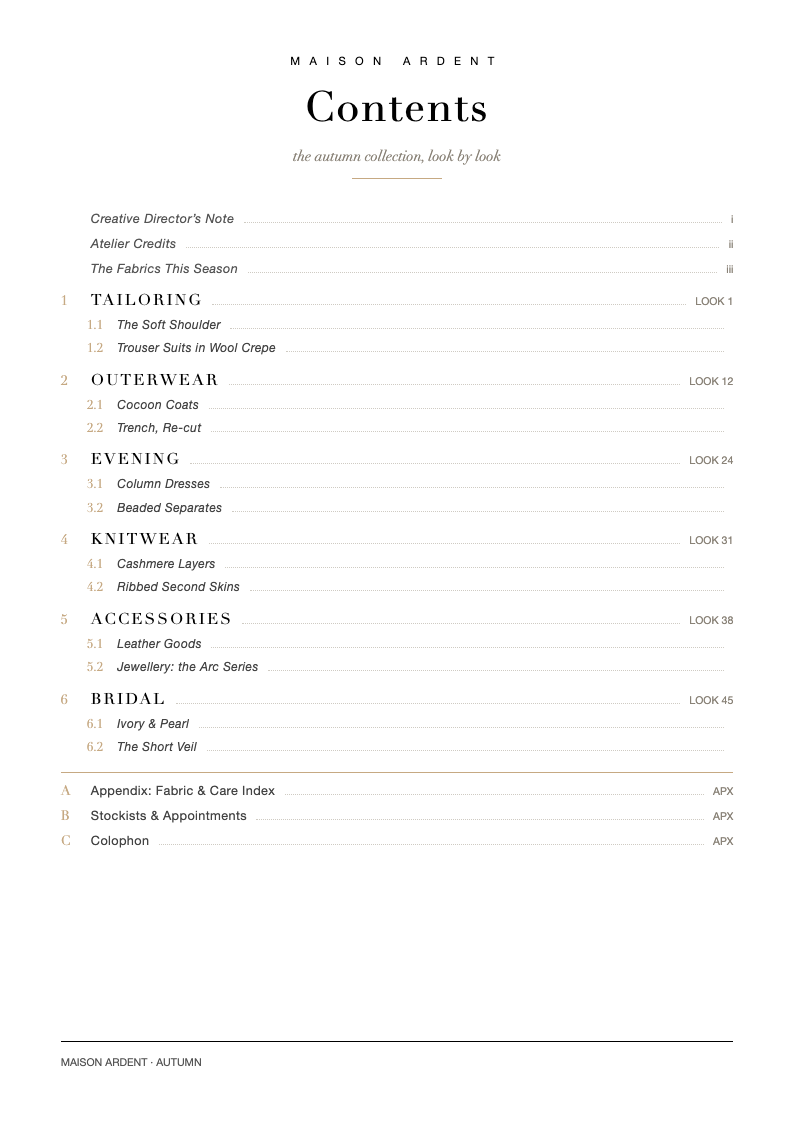 Fashion lookbook table of contents